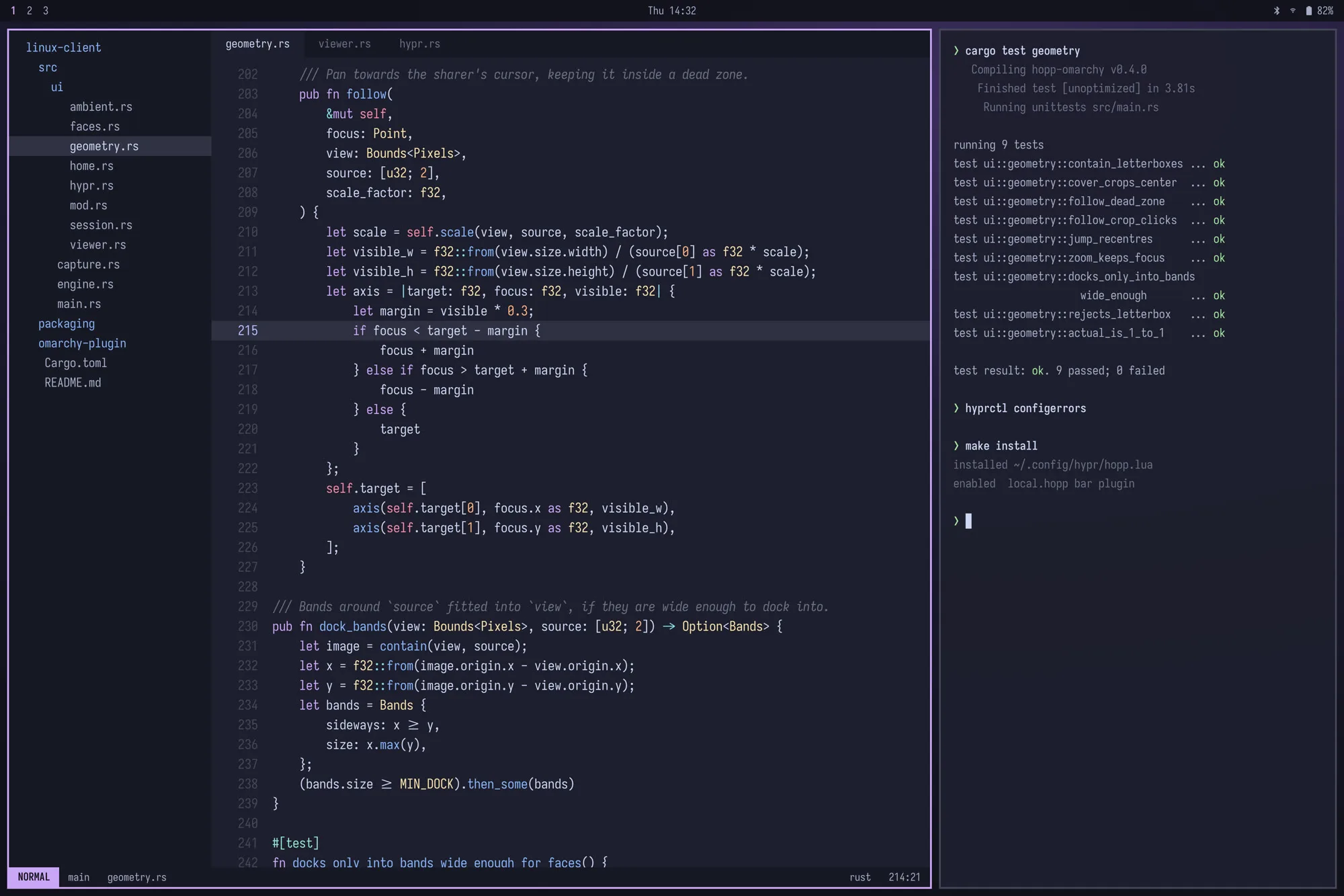 Omarchy desktop with Neovim editing Rust for the Hopp Linux client, and tests passing in a terminal