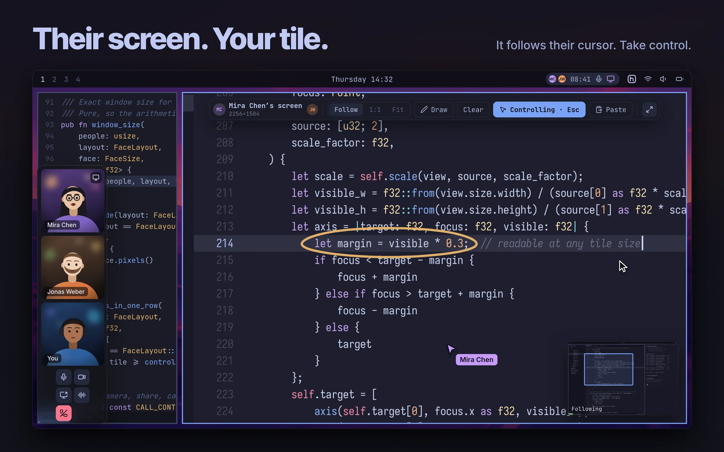 A teammate's shared screen in a Hyprland tile, with remote control and the call window